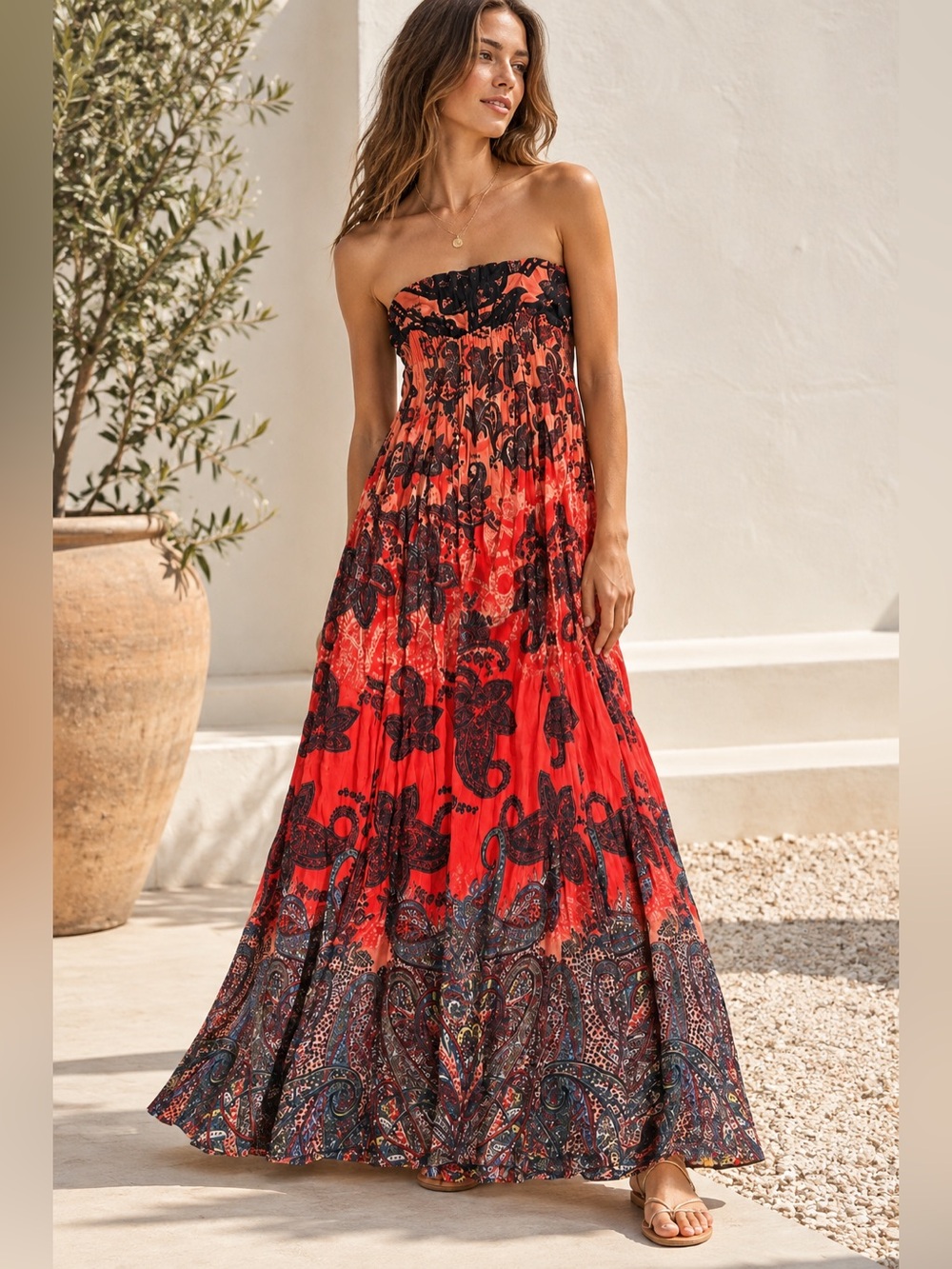 Free People Strapless Maxi Dress Red Paisley Boho Size Small